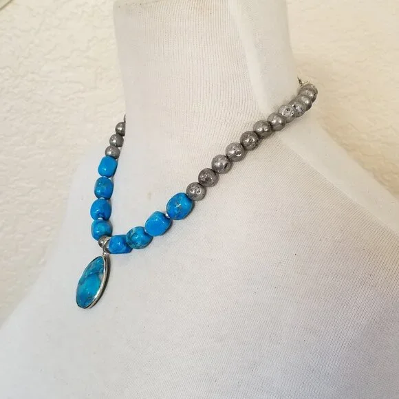 Southwestern Teal Blue Jasper & Silver Druzy Statement Pendant Necklace